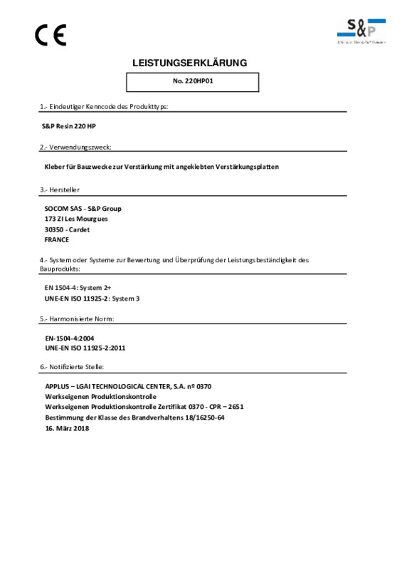 Leistungserklärung S&P Resin 220 HP (DOP)