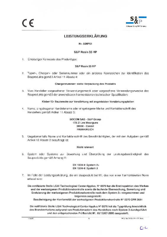Leistungserklärung S&P Resin 55 HP (DOP)
