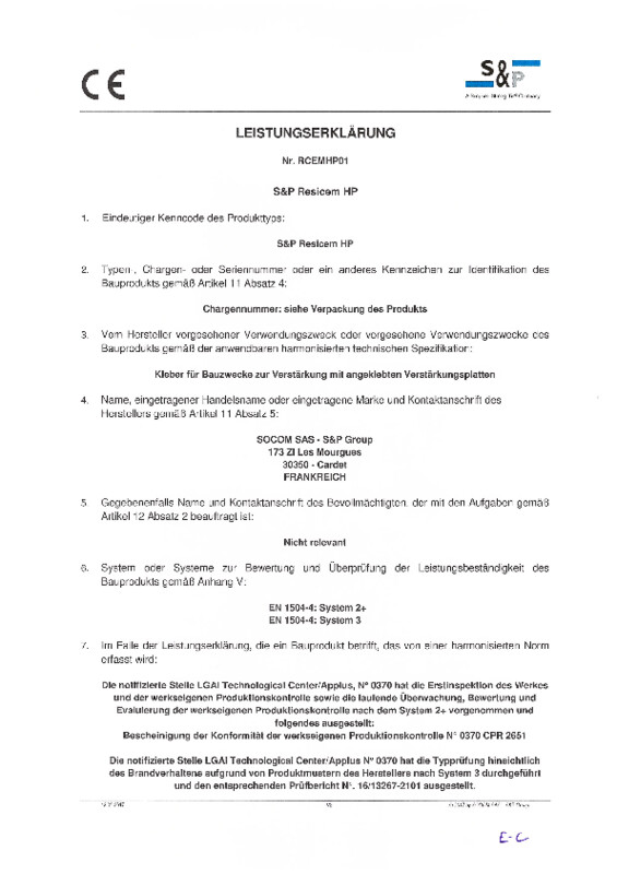 Leistungserklärung S&P Resicem HP (DOP)